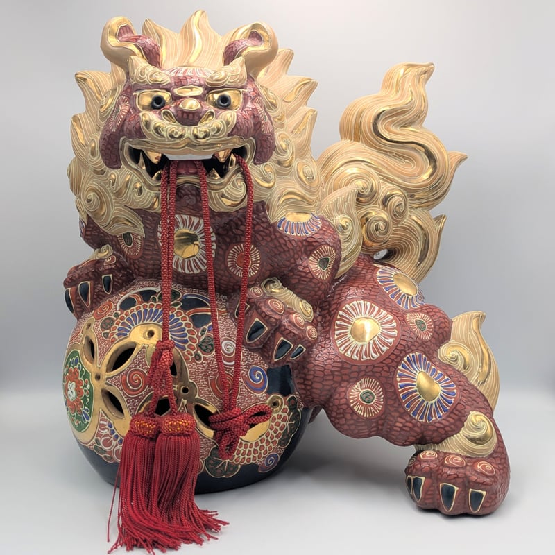 九谷焼 玉乗り獅子 獅子像 赤獅子 縁起物 色絵 置物 魔除け 九谷焼