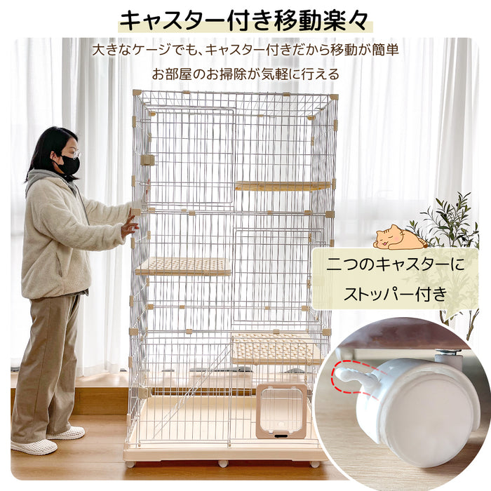 RAKU 猫ケージ 大型 キャットケージ ドア付き ワイド扉 3段 給水器付き