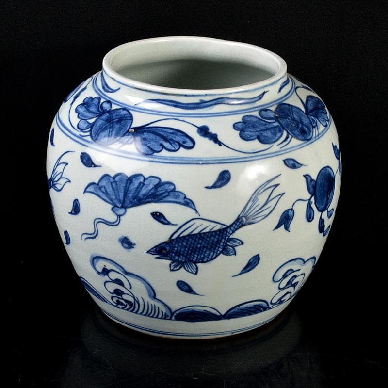 中国　青花　花卉魚波文瓶　壷　N　R5755 中国青花花卉魚波文瓶壷NR5755