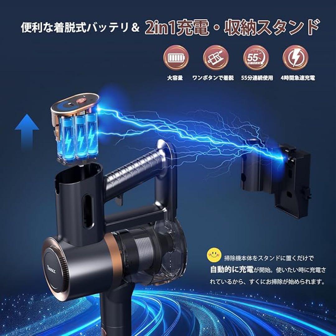 掃除機 コードレス 75Kpa 自立式 充電スタンド グリーンLEDライト