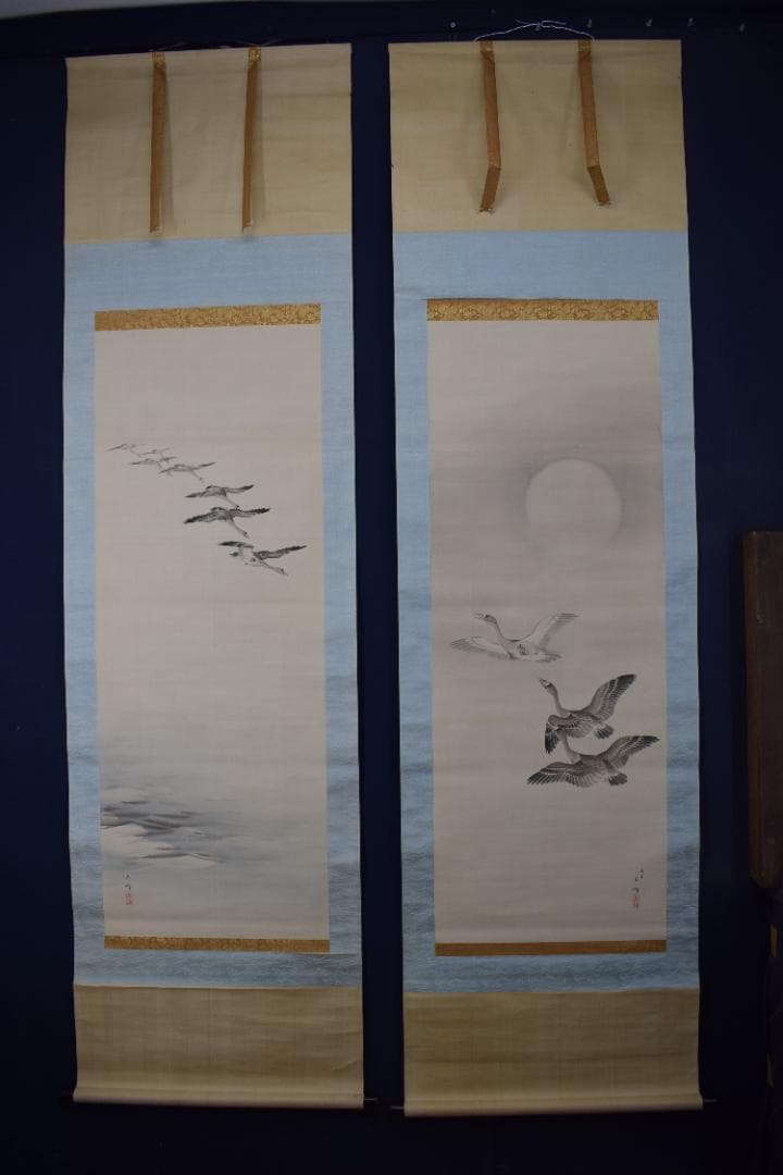 【真作】長谷川玉峰/春秋月雁之図/双幅/掛軸☆宝船☆Y-969　JM 真作】長谷川玉峰/春秋月雁之図/双幅/掛軸☆宝船☆Y-969 JM 真作