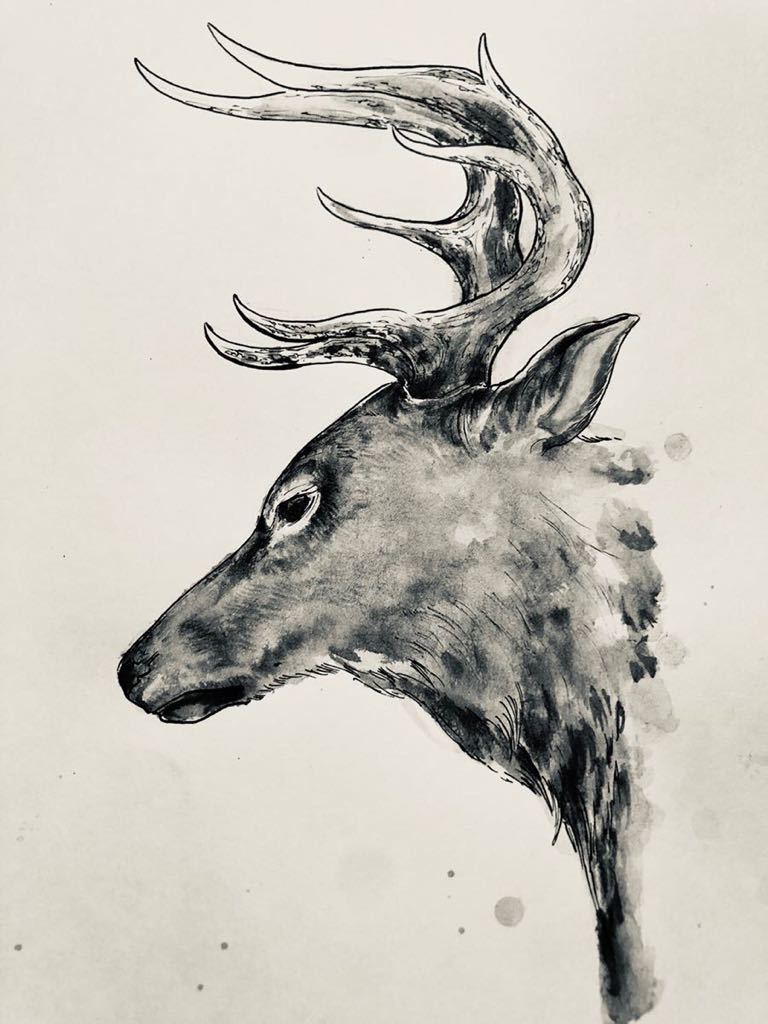 Yahoo!オークション - 水墨画 鹿 墨絵 墨